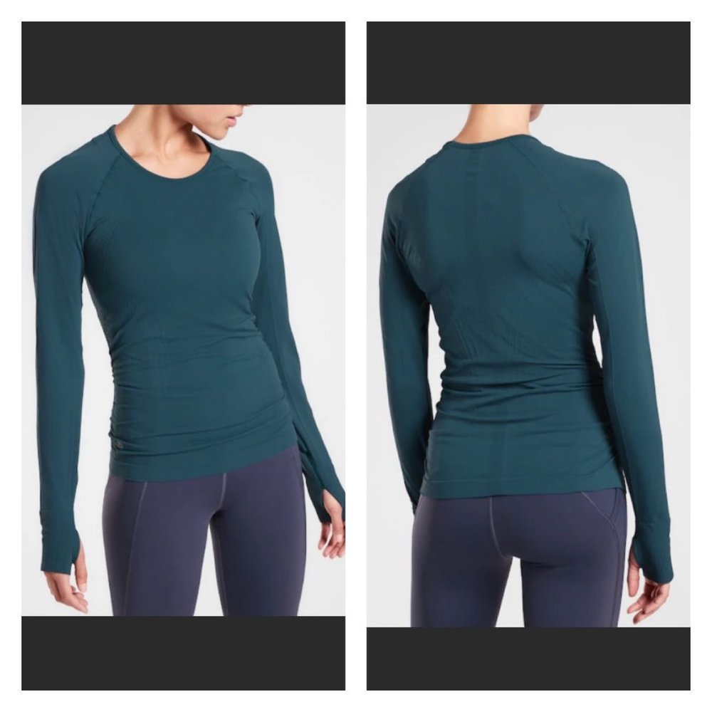 Athleta Speedlight Teal Thumbhole Chafe Free Medium Long Sleeve Running Shirt